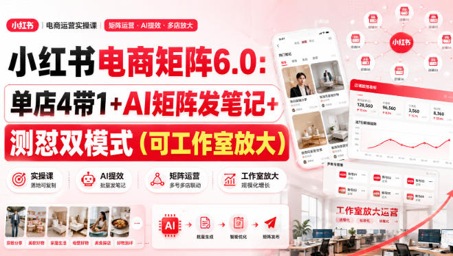 小红书电商矩阵6.0：单店4带1+AI矩阵发笔记+测怼双模式(可工作室放大)-HEIXMI（中国站）