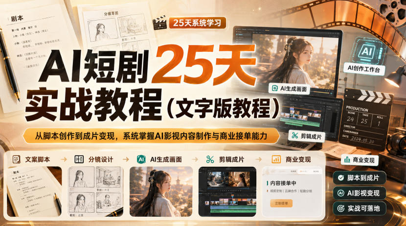 AI短剧25天实战教程(文字版教程)，从脚本创作到成片变现，系统掌握AI影视内容制作与商业接单能力-HEIXMI（中国站）