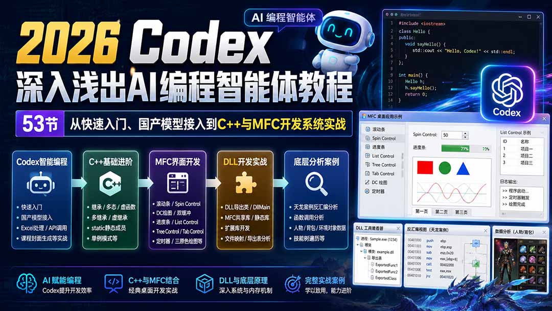 2026 Codex深入浅出AI编程智能体教程：53节从快速入门、国产模型接入到C++与MFC开发系统实战-HEIXMI（中国站）