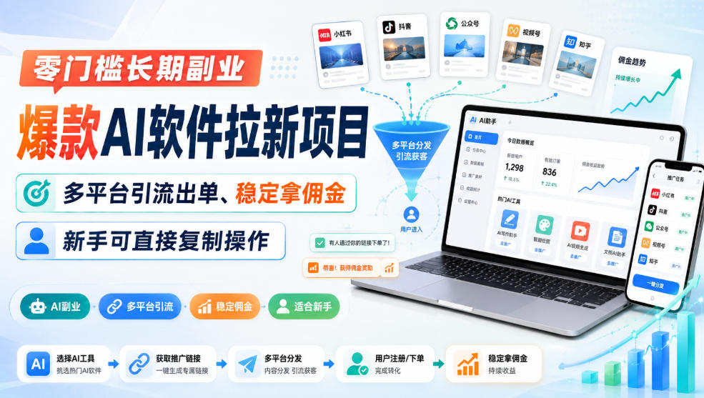 零门槛长期副业，爆款AI软件拉新项目，多平台引流出单、稳定拿佣金，新手可直接复制操作-HEIXMI（中国站）