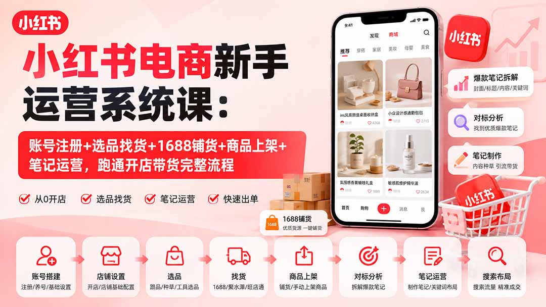 小红书电商新手运营系统课：账号注册+选品找货+1688铺货+商品上架+笔记运营，跑通开店带货完整流程-HEIXMI（中国站）
