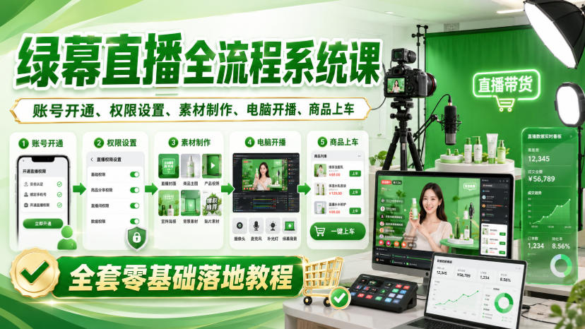 绿幕直播全流程系统课，账号开通、权限设置、素材制作、电脑开播、商品上车全套零基础落地教程-HEIXMI（中国站）