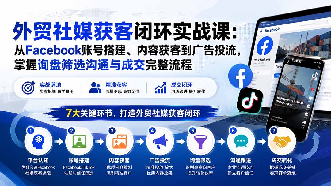 外贸社媒获客闭环实战课：从Facebook账号搭建、内容获客到广告投流，掌握询盘筛选沟通与成交完整流程-HEIXMI（中国站）