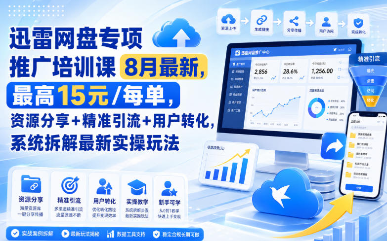迅雷网盘专项推广培训课8月最新，最高15米/每单，资源分享+精准引流+用户转化，系统拆解最新实操玩法(更新0903)-HEIXMI（中国站）