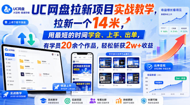 UC网盘拉新项目实战教学，拉新一个14米，用最短的时间学会、上手、出单，有学员20余个作品，轻松斩获2w+收益-HEIXMI（中国站）