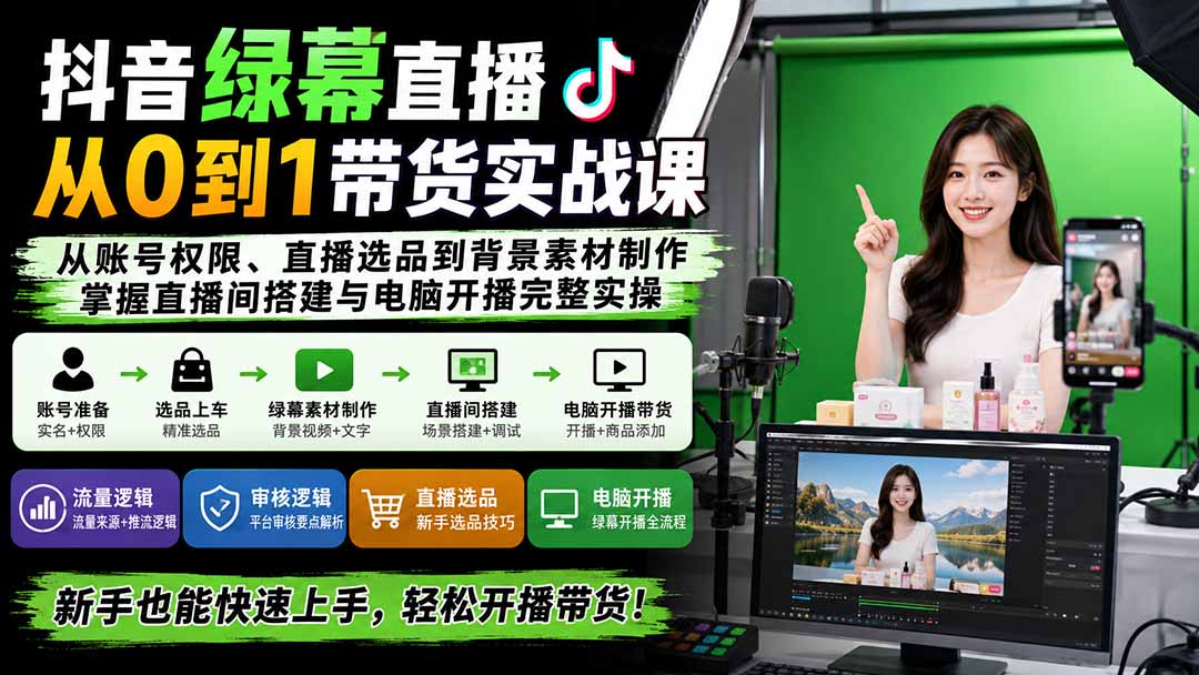 抖音绿幕直播从0到1带货实战课：从账号权限、直播选品到背景素材制作，掌握直播间搭建与电脑开播完整实操-HEIXMI（中国站）