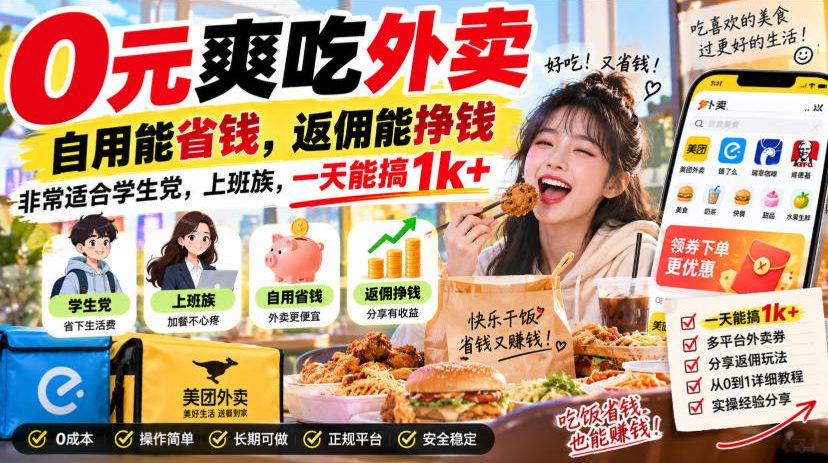 0元爽吃外卖，自用能省钱，返佣能挣钱，非常适合学生党，上班族，一天能搞1k+-HEIXMI（中国站）