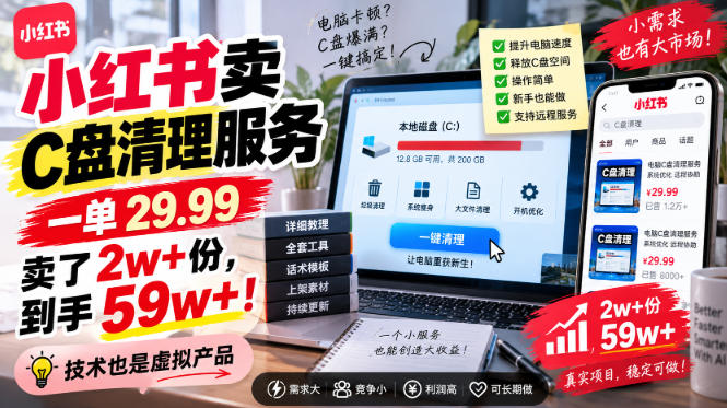 小红书卖C盘清理服务，一单29.99，卖了2w+份，技术也是虚拟产品-HEIXMI（中国站）