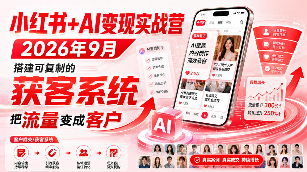 小红书+AI变现实战营2026年9月，搭建可复制的获客系统，把流量变成客户！-HEIXMI（中国站）