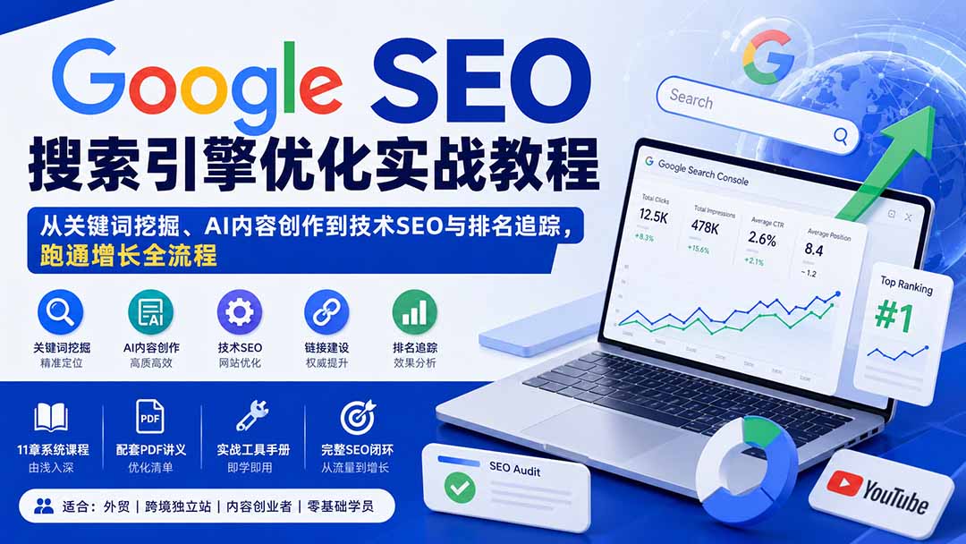 Google SEO搜索引擎优化实战教程：从关键词挖掘、AI内容创作到技术SEO与排名追踪，跑通增长全流程-HEIXMI（中国站）