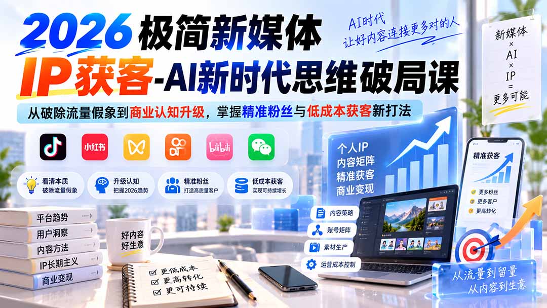 2026极简新媒体IP获客-AI新时代思维破局课：从破除流量假象到商业认知升级，掌握精准粉丝与低成本获客新打法-HEIXMI（中国站）