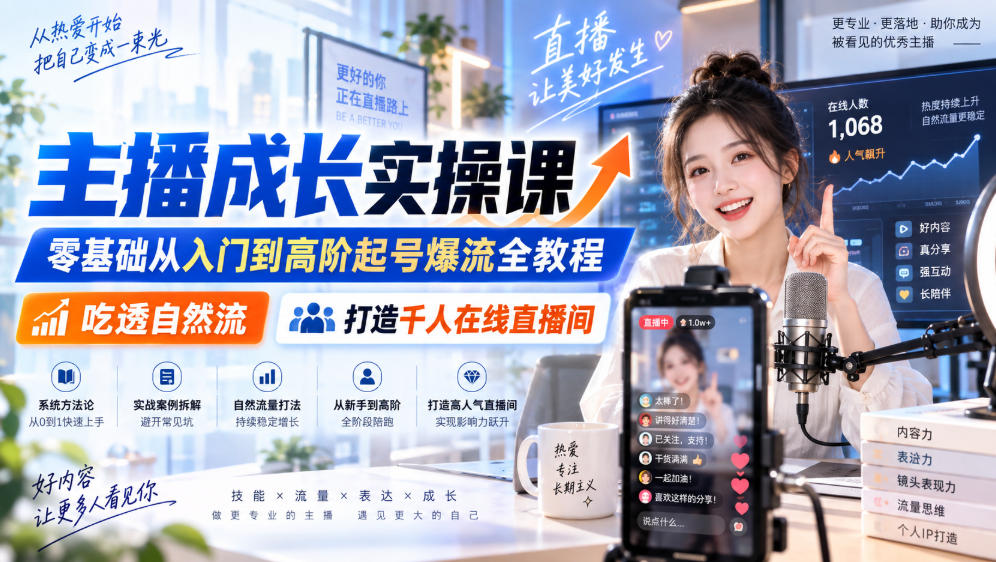 主播成长实操课｜零基础从入门到高阶起号爆流全教程，吃透自然流，打造千人在线直播间-HEIXMI（中国站）