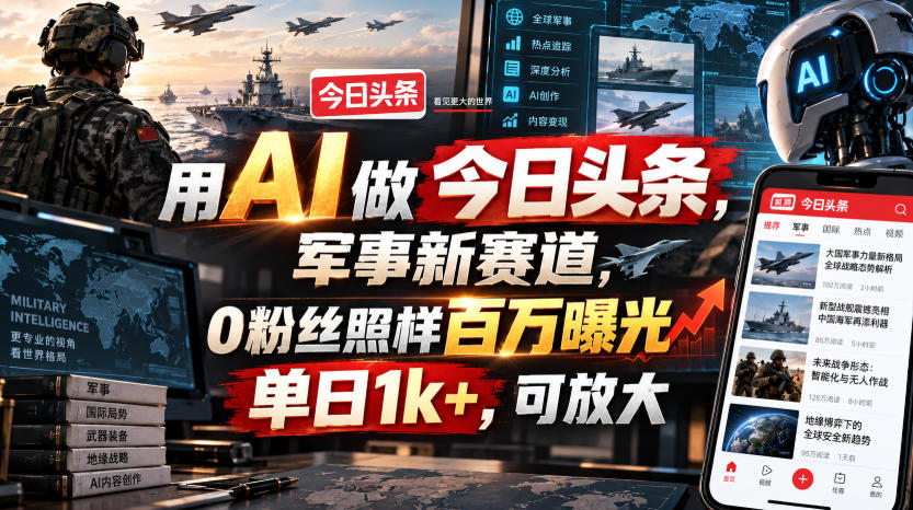 用AI做今日头条，军事新赛道，0粉丝照样百万曝光，单日1k+，可放大-HEIXMI（中国站）