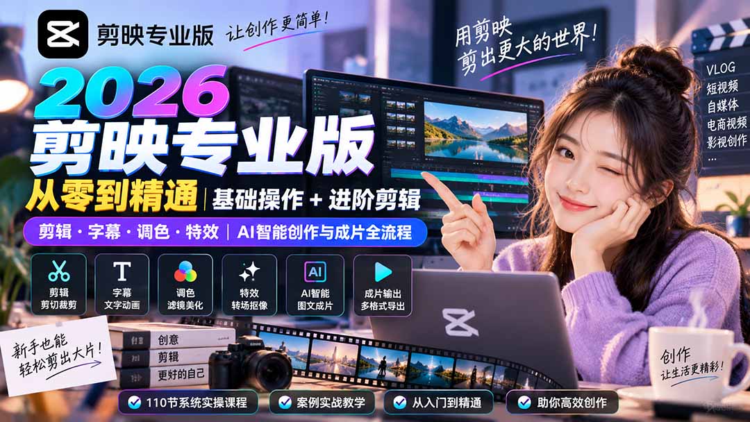 2026剪映专业版从零到精通｜基础操作+进阶剪辑｜剪辑·字幕·调色·特效｜AI智能创作与成片全流程-HEIXMI（中国站）