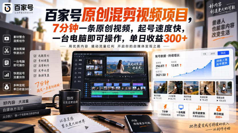 百家号原创混剪视频项目，7分钟一条原创视频，起号速度快，一台电脑即可操作，单日收益300+-HEIXMI（中国站）