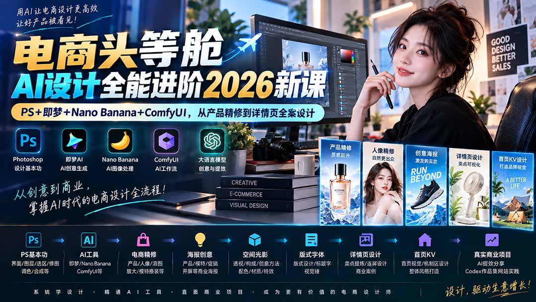 电商头等舱AI设计全能进阶2026新课：PS+即梦+Nano Banana+ComfyUI，从产品精修到详情页全案设计-HEIXMI（中国站）