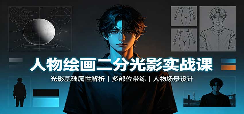 人物绘画二分光影实战课：光影基础属性解析，多部位带练，人物场景设计-HEIXMI（中国站）