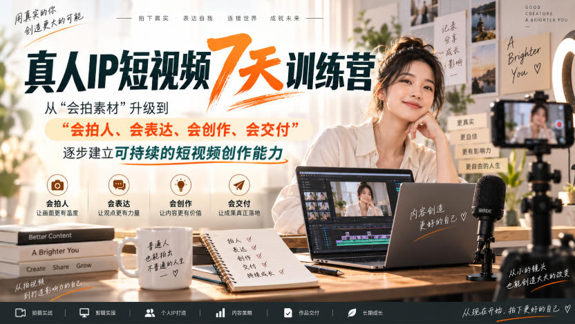 真人IP短视频7天训练营，从“会拍素材”升级到“会拍人、会表达、会创作、会交付”，逐步建立可持续的短视频创作能力-HEIXMI（中国站）