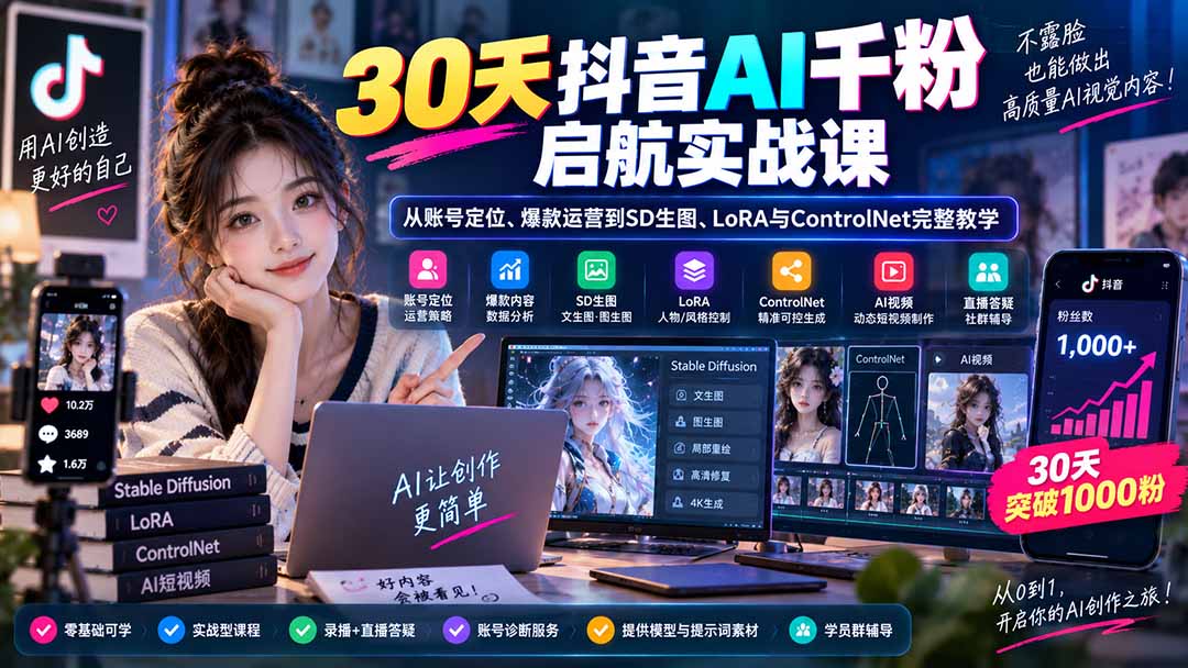 30天抖音AI千粉启航实战课：从账号定位、爆款运营到SD生图、LoRA与ControlNet完整教学-HEIXMI（中国站）