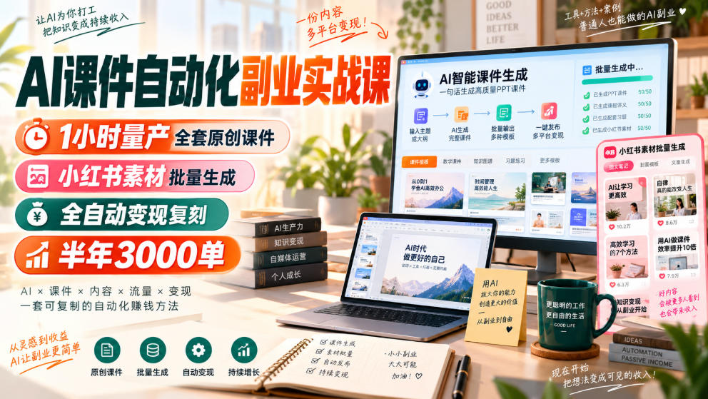 AI课件自动化副业实战课，1小时量产全套原创课件，小红书素材批量生成，全自动变现复刻，半年3000单-HEIXMI（中国站）