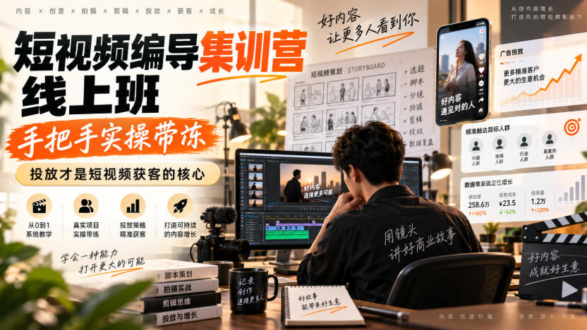 短视频编导集训营线上班，手把手实操带冻，投放才是短视频获客的核心-HEIXMI（中国站）