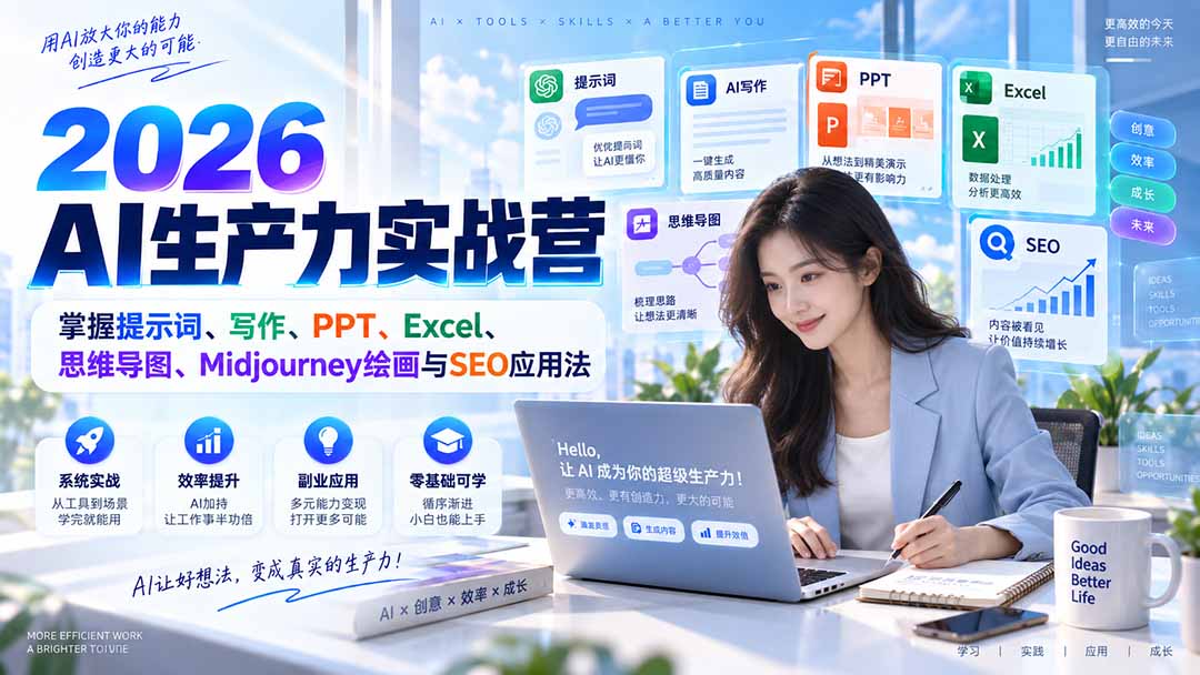2026AI生产力实战营：掌握提示词、写作、PPT、Excel、思维导图、Midjourney绘画与SEO应用法-HEIXMI（中国站）