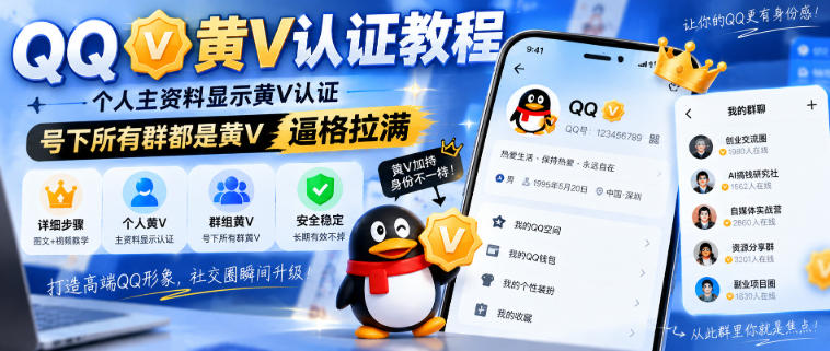 QQ黄V认证教程，个人主资料显示黄V认证，号下所有群都是黄V，逼格拉满-HEIXMI（中国站）