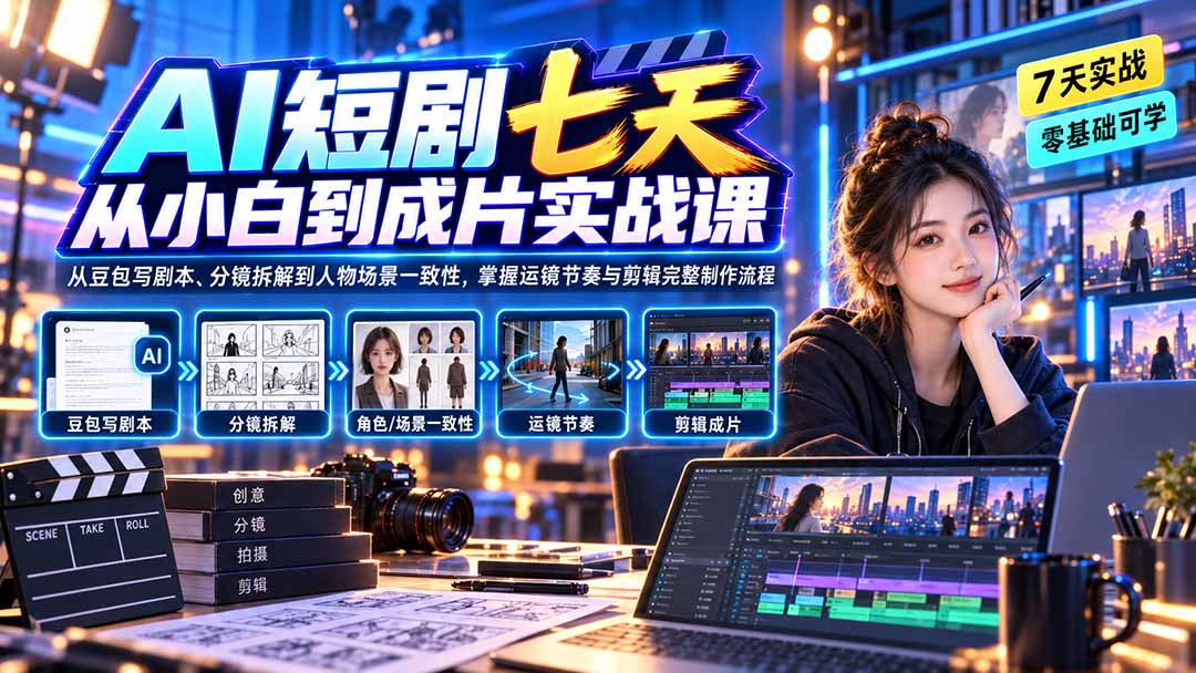 AI短剧七天从小白到成片实战课：从豆包写剧本、分镜拆解到人物场景一致性，掌握运镜节奏与剪辑完整制作流程-HEIXMI（中国站）