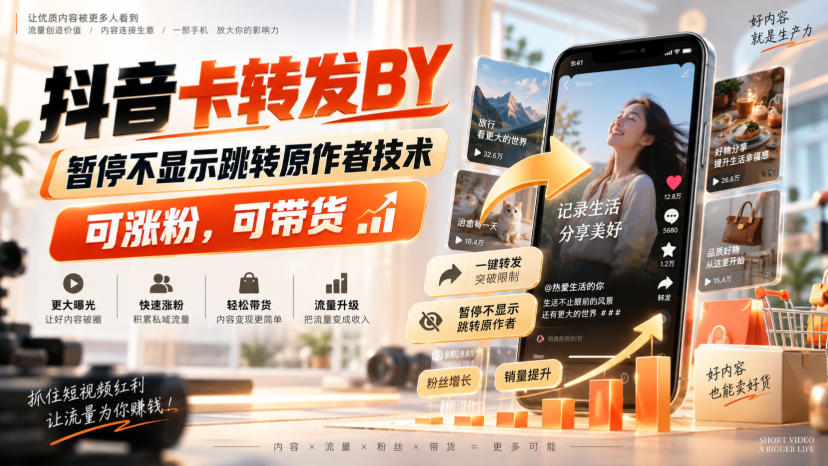 抖音卡转发搬运,暂停不显示跳转原作者技术,可涨粉,可带货
