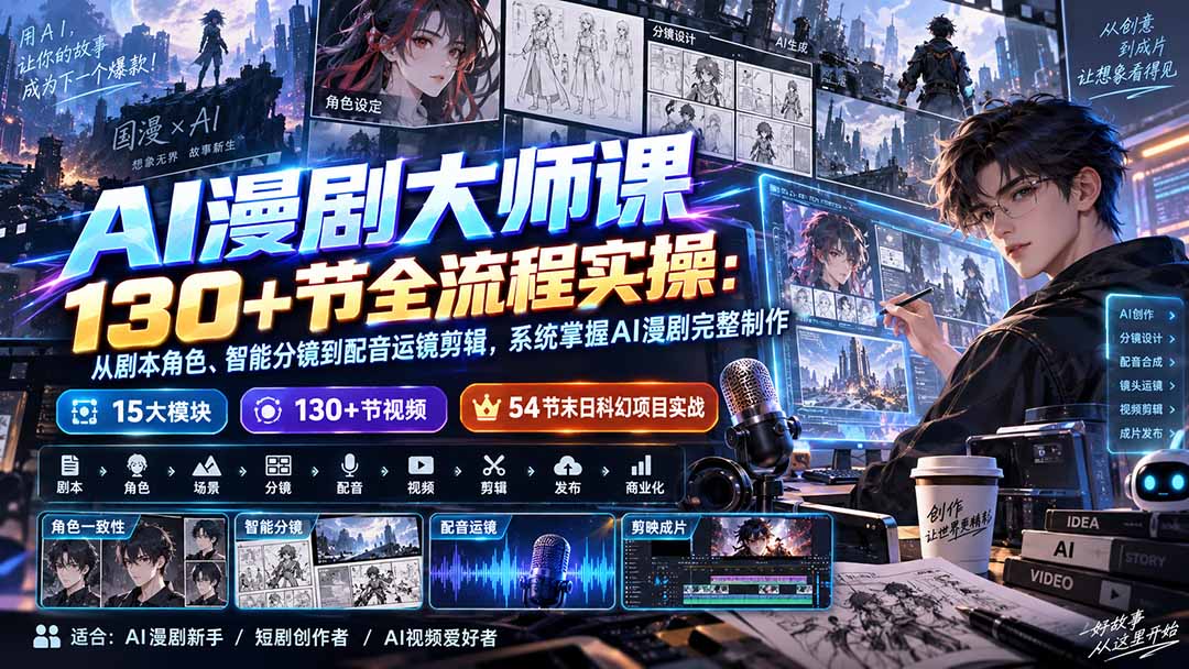 AI漫剧大师课130+节全流程实操：从剧本角色、智能分镜到配音运镜剪辑，系统掌握AI漫剧完整制作-HEIXMI（中国站）
