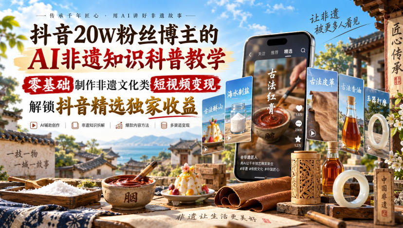 抖音20W粉丝博主的AI非遗知识科普教学，零基础制作非遗文化类短视频变现，解锁抖音精选独家收益-HEIXMI（中国站）