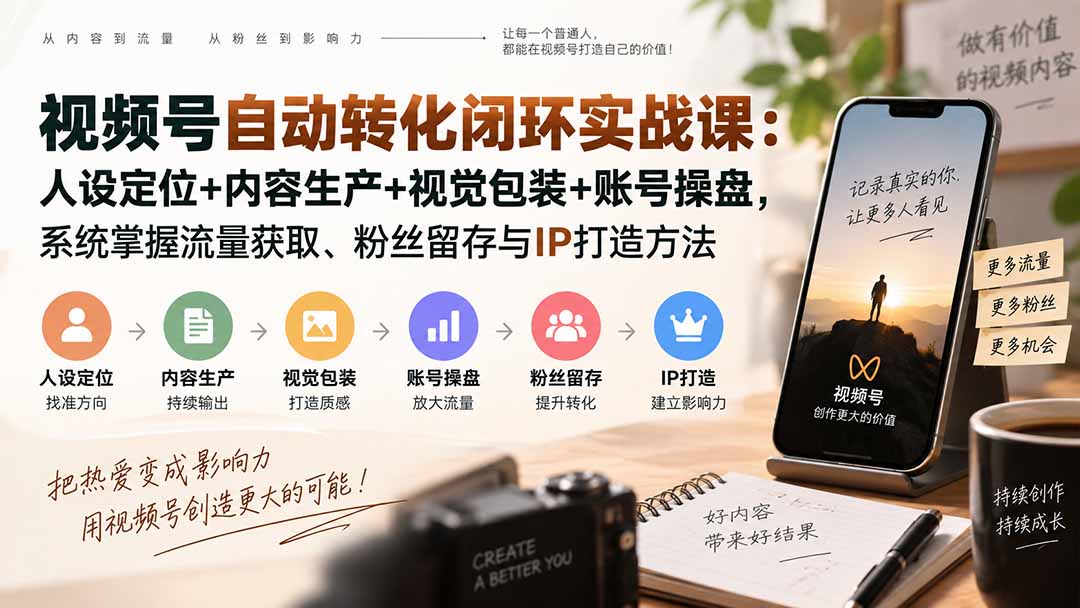 视频号自动转化闭环实战课：人设定位+内容生产+视觉包装+账号操盘，系统掌握流量获取、粉丝留存与IP打造方法-HEIXMI（中国站）