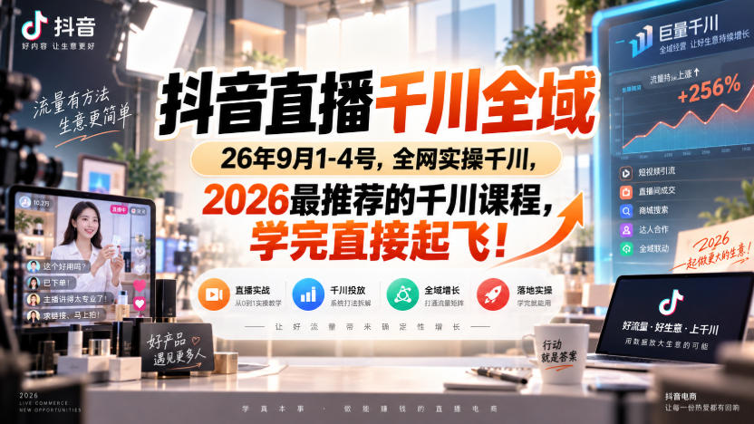 抖音直播千川全域26年9月1-4号,全网实操千川,2026最推荐的千川课程,学完直接起飞!