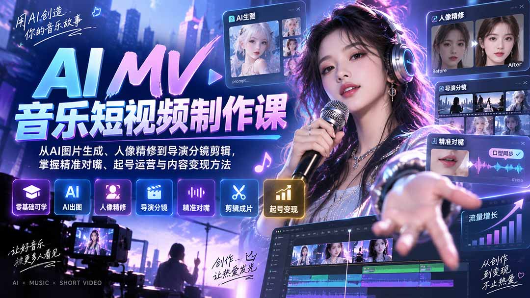 AI MV音乐短视频制作课：从AI图片生成、人像精修到导演分镜剪辑，掌握精准对嘴、起号运营与内容变现方法-HEIXMI（中国站）
