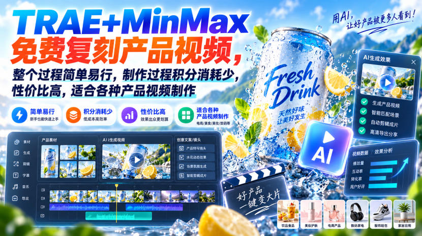 TRAE+MinMax免费复刻产品视频，整个过程简单易行，制作过程积分消耗少，性价比高，适合各种产品视频制作-HEIXMI（中国站）