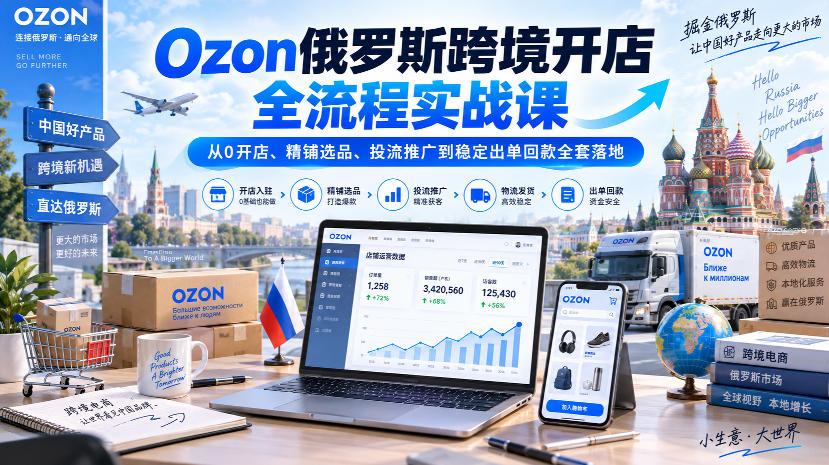 Ozon俄罗斯跨境开店全流程实战课｜从0开店、精铺选品、投流推广到稳定出单回款全套落地-HEIXMI（中国站）