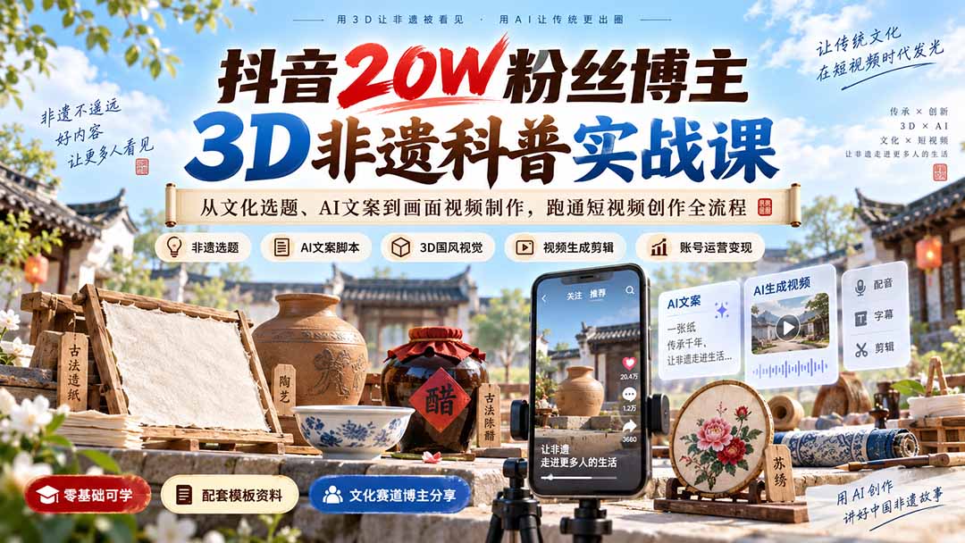 抖音20W粉丝博主3D非遗科普实战课：从文化选题、AI文案到画面视频制作，跑通短视频创作全流程-HEIXMI（中国站）