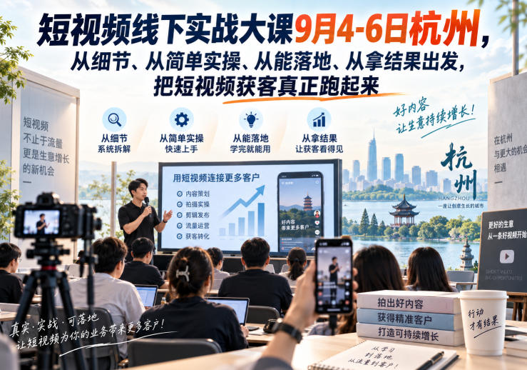 短视频线下实战大课9月4-6日杭州，从细节、从简单实操、从能落地、从拿结果出发，把短视频获客真正跑起来-HEIXMI（中国站）