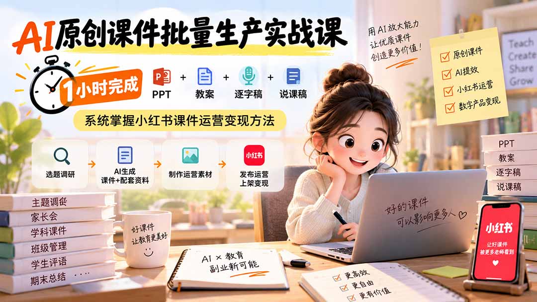 AI原创课件批量生产实战课：1小时完成PPT+教案+逐字稿+说课稿，系统掌握小红书课件运营变现方法-HEIXMI（中国站）