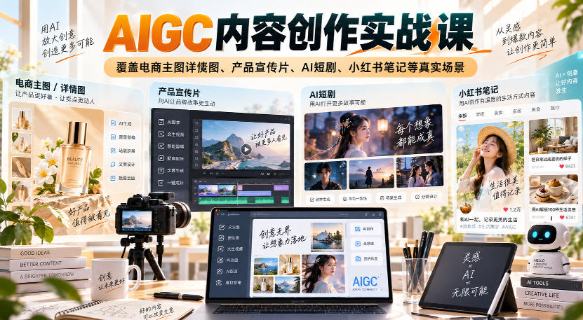AIGC内容创作实战课，覆盖电商主图详情图、产品宣传片、AI短剧、小红书笔记等真实场景-HEIXMI（中国站）