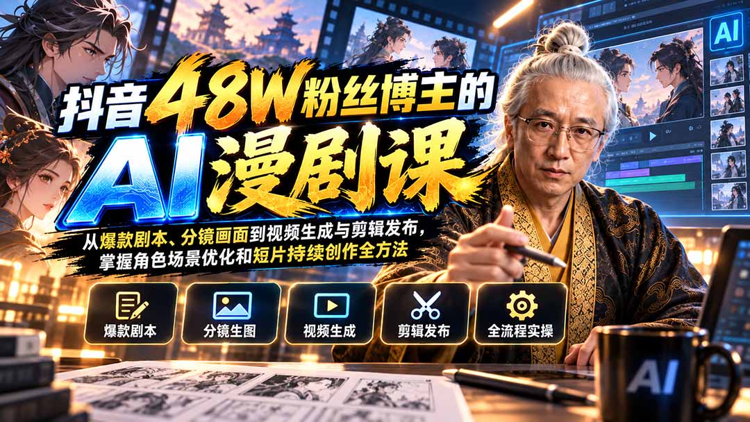 抖音48W粉丝博主的AI漫剧课：从爆款剧本、分镜画面到视频生成与剪辑发布，掌握角色场景优化和短片持续创作全方法-HEIXMI（中国站）