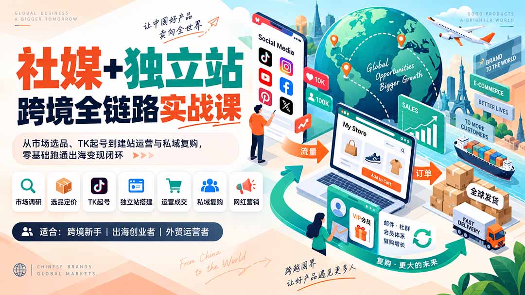 社媒+独立站跨境全链路实战课：从市场选品、TK起号到建站运营与私域复购，零基础跑通出海变现闭环-HEIXMI（中国站）