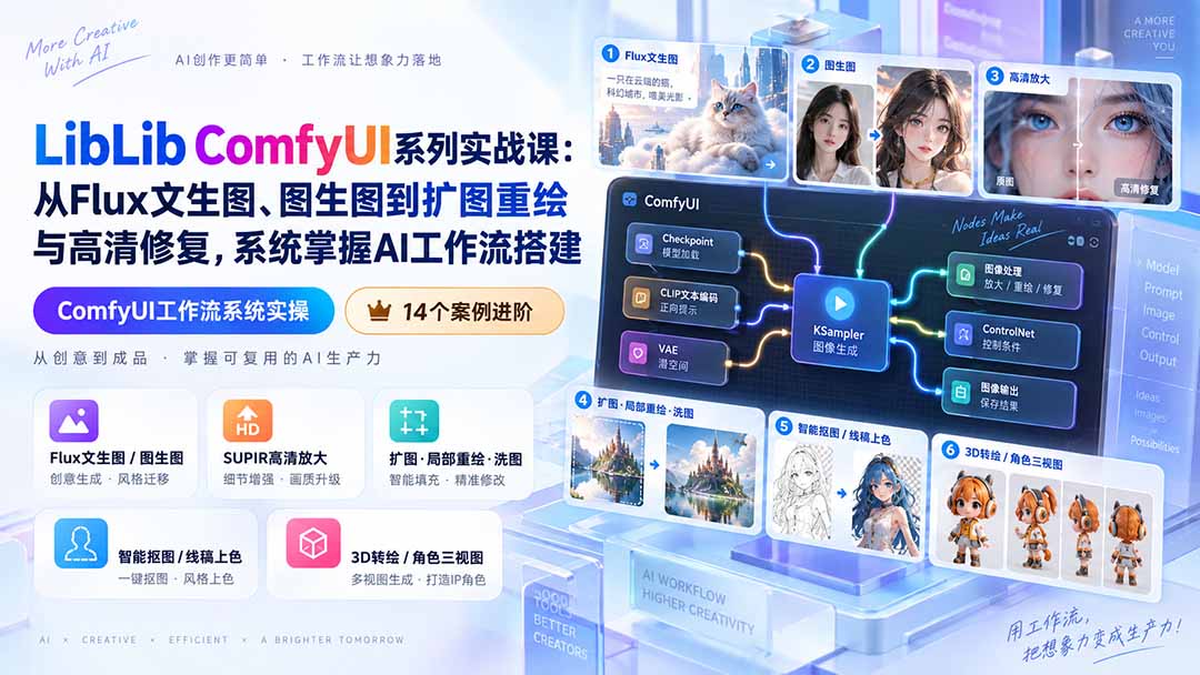 LibLib ComfyUI系列实战课：从Flux文生图、图生图到扩图重绘与高清修复，系统掌握AI工作流搭建-HEIXMI（中国站）