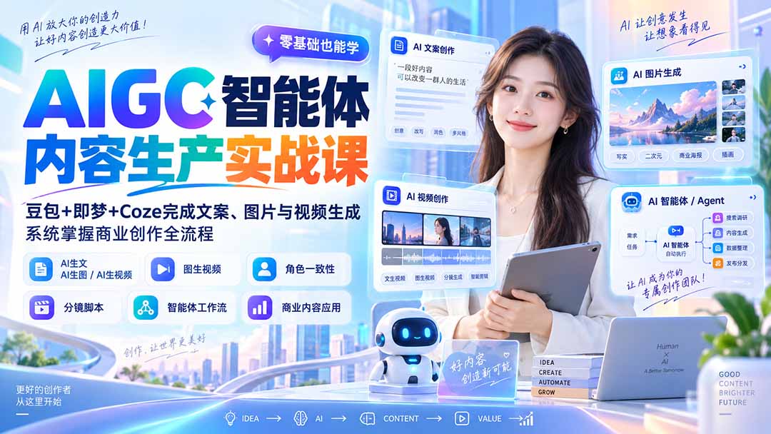 AIGC智能体内容生产实战课：豆包+即梦+Coze完成文案、图片与视频生成，系统掌握商业创作全流程-HEIXMI（中国站）