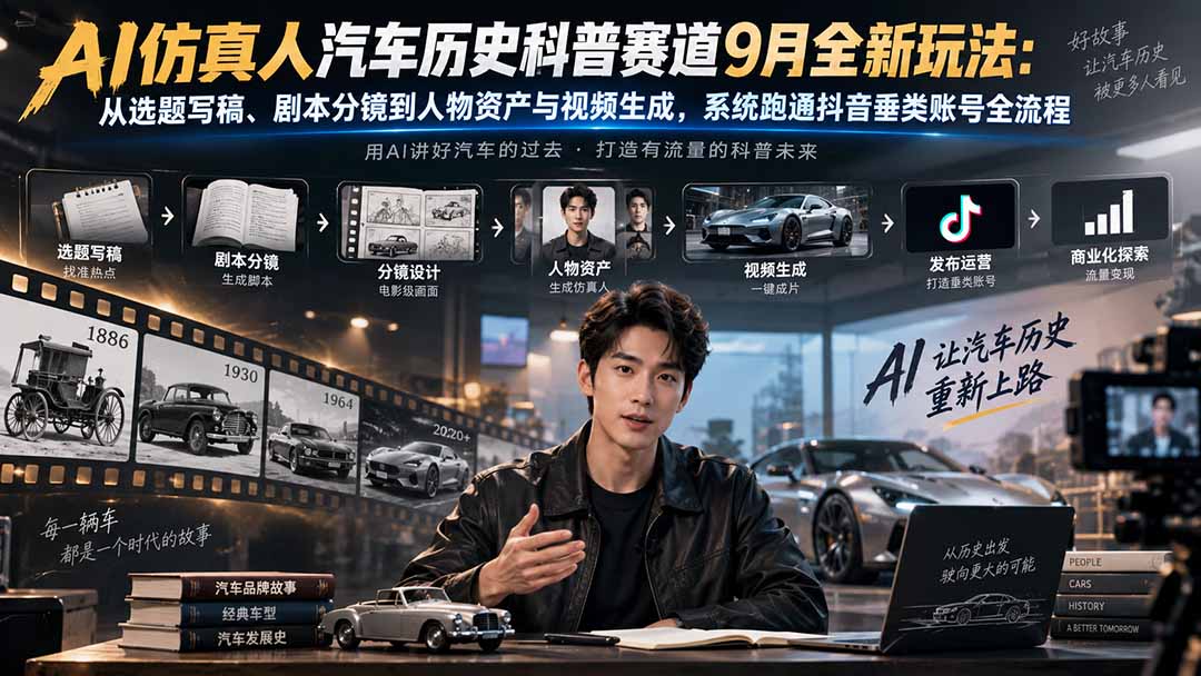 AI仿真人汽车历史科普赛道9月全新玩法：从选题写稿、剧本分镜到人物资产与视频生成，系统跑通抖音垂类账号全流程-HEIXMI（中国站）