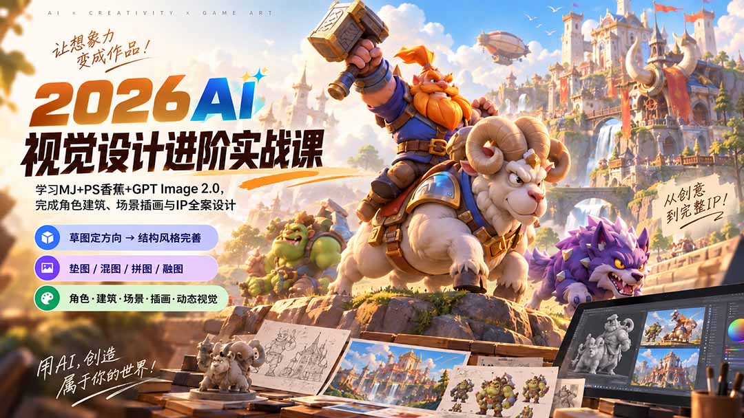 2026AI视觉设计进阶实战课-更新：学习MJ+PS香蕉+GPT Image 2.0，完成角色建筑、场景插画与IP全案设计-HEIXMI（中国站）