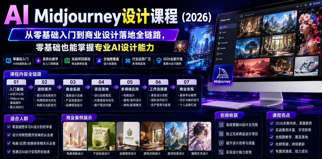 AI Midjourney设计课程(2026)，从零基础入门到商业设计落地全链路，零基础也能掌握专业AI设计能力(更新0913)-HEIXMI（中国站）