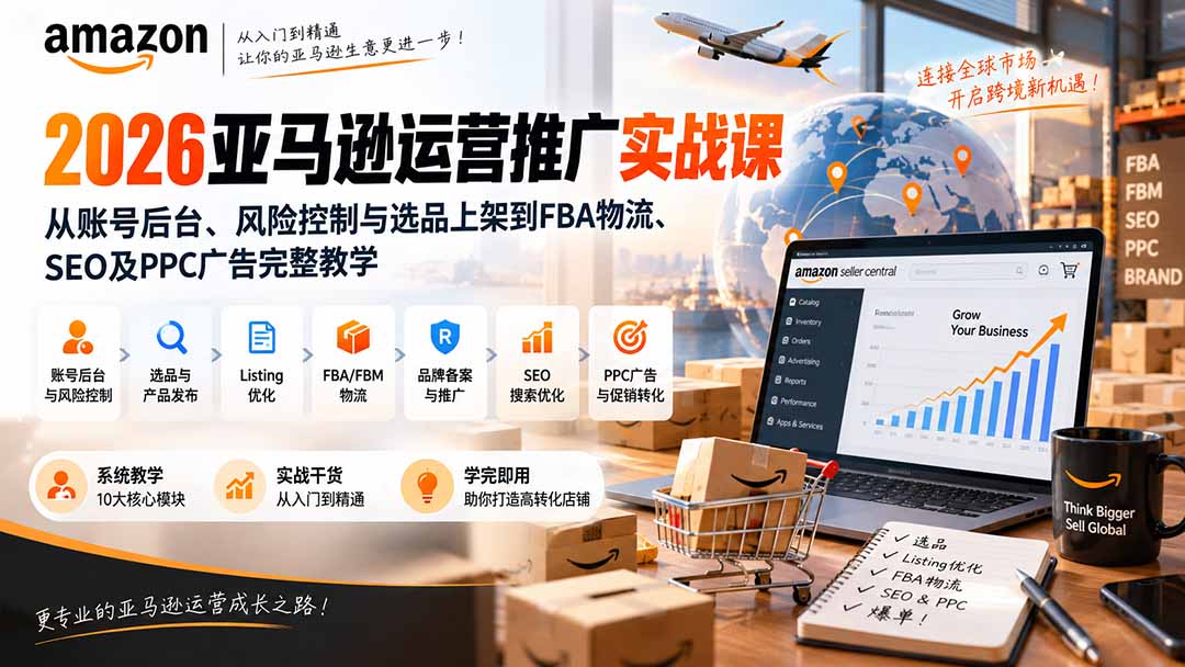 2026亚马逊运营推广实战课：从账号后台、风险控制与选品上架到FBA物流、SEO及PPC广告完整教学-HEIXMI（中国站）