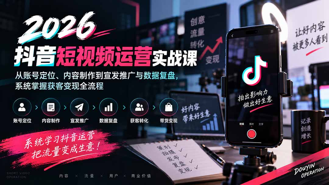 2026抖音短视频运营实战课：从账号定位、内容制作到宣发推广与数据复盘，系统掌握获客变现全流程-HEIXMI（中国站）