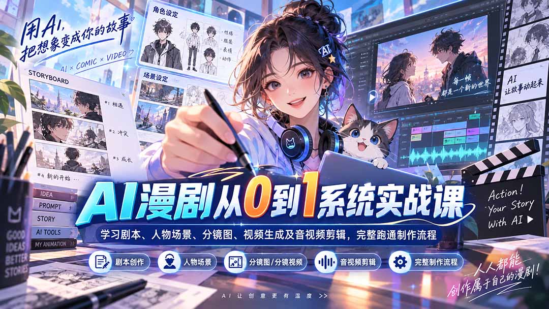 AI漫剧从0到1系统实战课：学习剧本、人物场景、分镜图、视频生成及音视频剪辑，完整跑通制作流程-HEIXMI（中国站）
